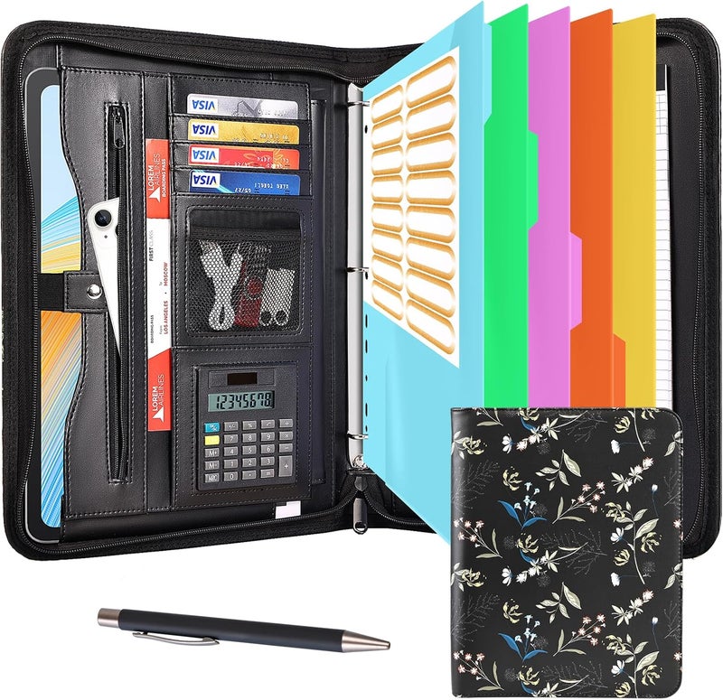 Eshow Portfolio Organizer - 3 Ring Binder with Zipper, Vegan Leather Business Padfolio Folder with Notepad Includes 5 Color Sheet Protectors for Documents Files for Men Women - Image 1